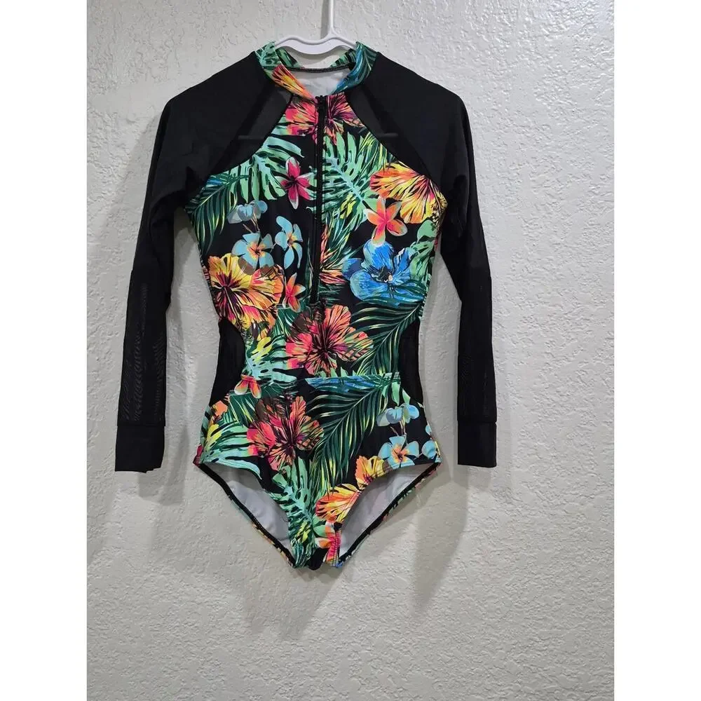 Tropical Mesh Long Sleeve Rash Guard Swimsuit UPF 50+ - L
